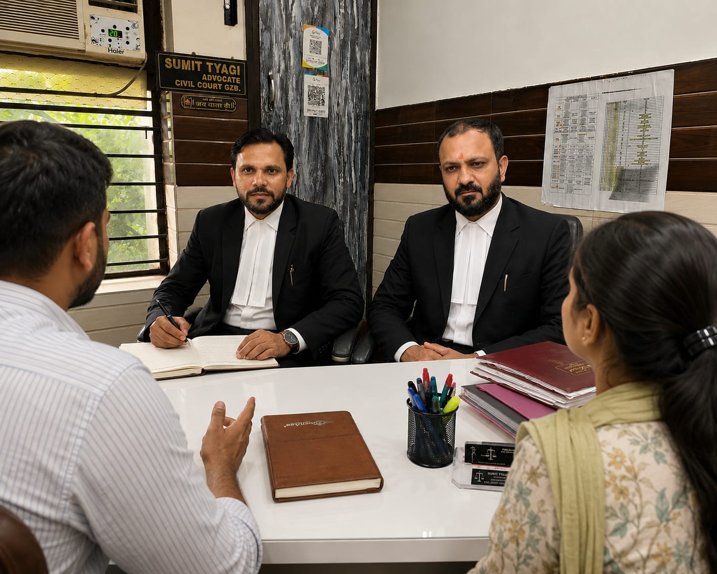 Advocates Sumit Tyagi and Vishaw Pratap in chamber consultation with clients